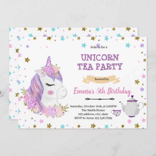 Paarse Eenhoorn Tea verjaardagsuitnodiging Bedankkaart (Voorkant / Achterkant)