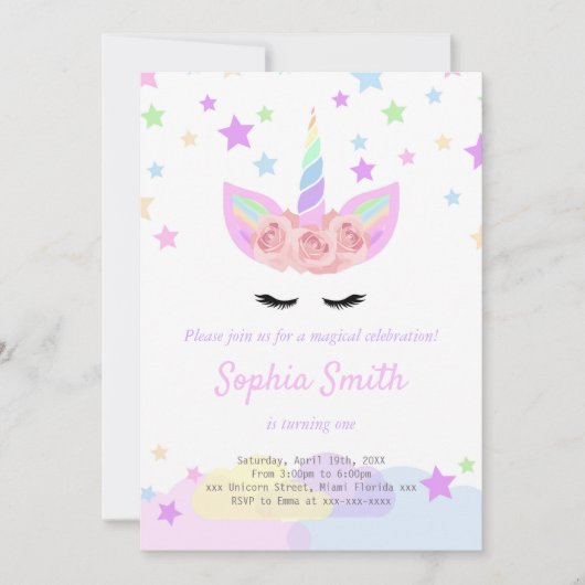 Paarse eenhoorn verjaardagsuitnodiging kaart (Voorkant)