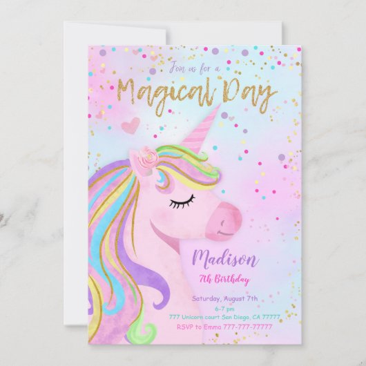 Paarse eenhoorn verjaardagsuitnodiging kaart (Voorkant)