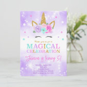 Paarse eenhoorn verjaardagsuitnodiging kaart (Staand voorkant)