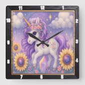 Paarse Eenhoorn Zonnebloem Kristal Vierkante Klok (Voorkant)