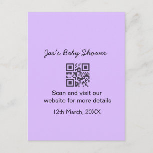 Paarse eenvoudige baby shower q r code voeg naam t briefkaart