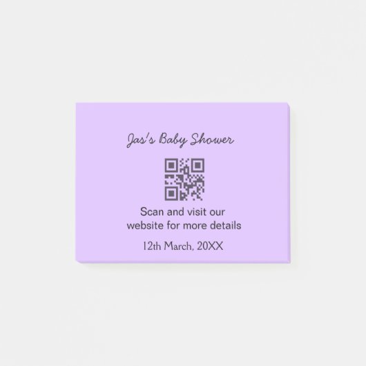 Paarse eenvoudige baby shower q r code voeg naam t post-it® notes (Voorkant)