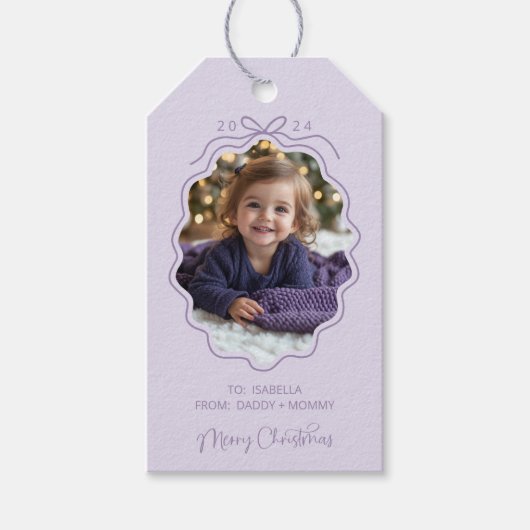 Paarse Eenvoudige Boog Foto Kerst Cadeaulabel (Voorkant)