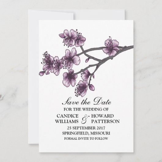 Paarse Eenvoudige Cherry Blossom Save the Date Inv (Voorkant)
