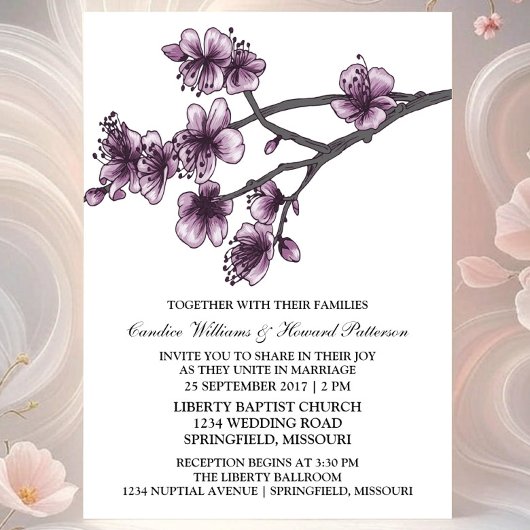 Paarse Eenvoudige Cherry Blossom Wedding Invite Kaart