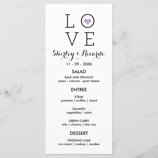 Paarse Eenvoudige Liefde Trouwmenu Kaarten (Voorkant)