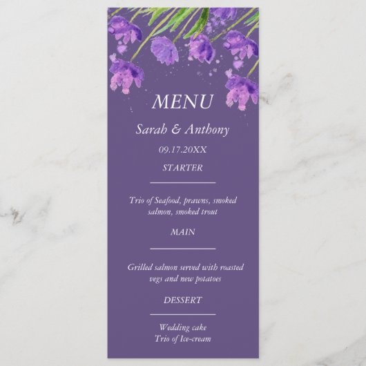 Paarse eenvoudige minimalistische bloemen bruiloft menu (Voorkant)