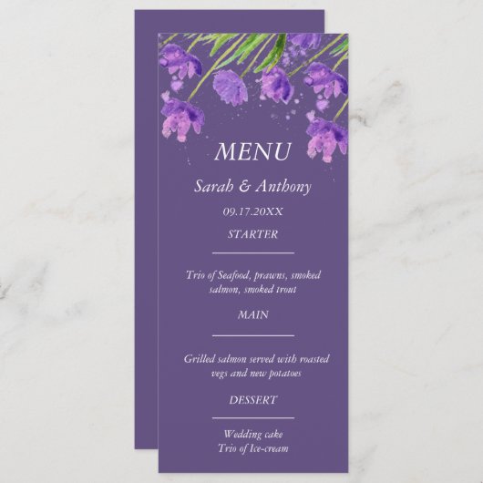 Paarse eenvoudige minimalistische bloemen bruiloft menu (Voorkant / Achterkant)
