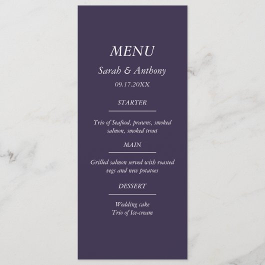 Paarse eenvoudige minimalistische elegante bruilof menu (Voorkant)
