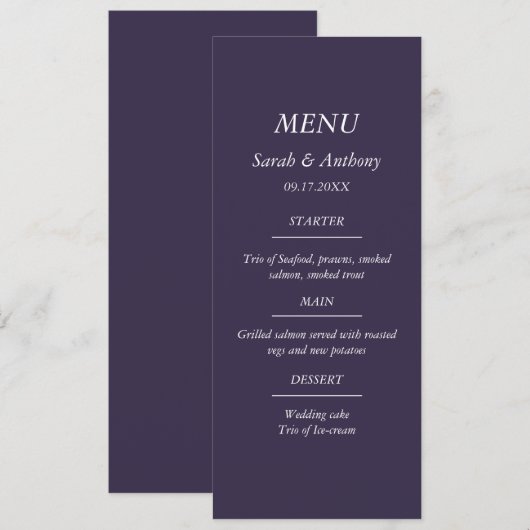 Paarse eenvoudige minimalistische elegante bruilof menu (Voorkant / Achterkant)