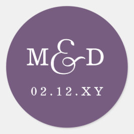 Paarse eenvoudige moderne monogram bruiloft ronde sticker