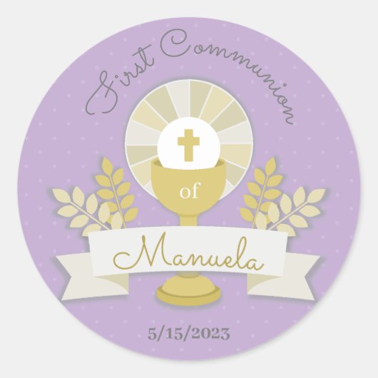 Paarse eerste communie ronde sticker (Voorkant)