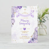 Paarse Eerste Heilige Communie Kruis Vlinder Bloem Kaart (Staand voorkant)