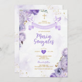 Paarse Eerste Heilige Communie Kruis Vlinder Bloem Kaart (Voorkant / Achterkant)