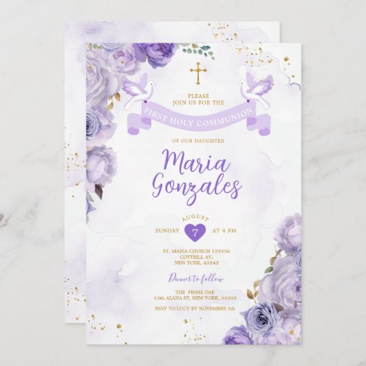 Paarse Eerste Heilige Communie Kruis Vlinder Bloem Kaart (Voorkant / Achterkant)