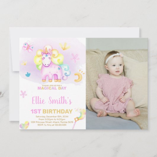 Paarse Eerste Unicorn Birthday Uitnodigingen met f (Voorkant)