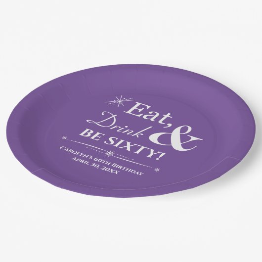 Paarse Eet Drink & Be Zestig Retro 60ste Verjaarda Papieren Bordje (Gekanteld)