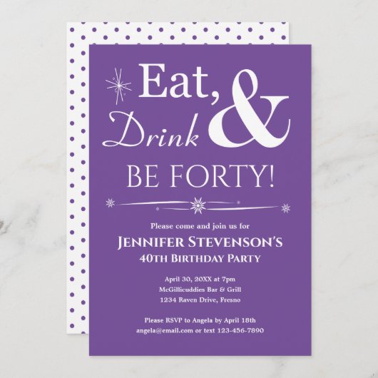 Paarse Eet Drink Wees 40ste Verjaardag Mideeuw Kaart (Voorkant / Achterkant)
