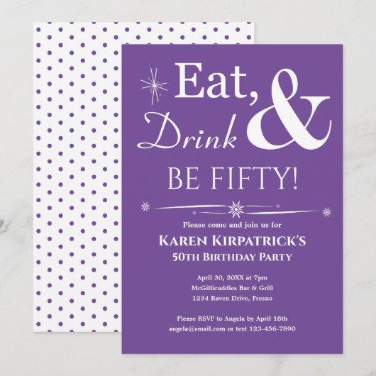 Paarse Eet Drink Wees 50ste Verjaardag Mideeuw Kaart (Voorkant / Achterkant)
