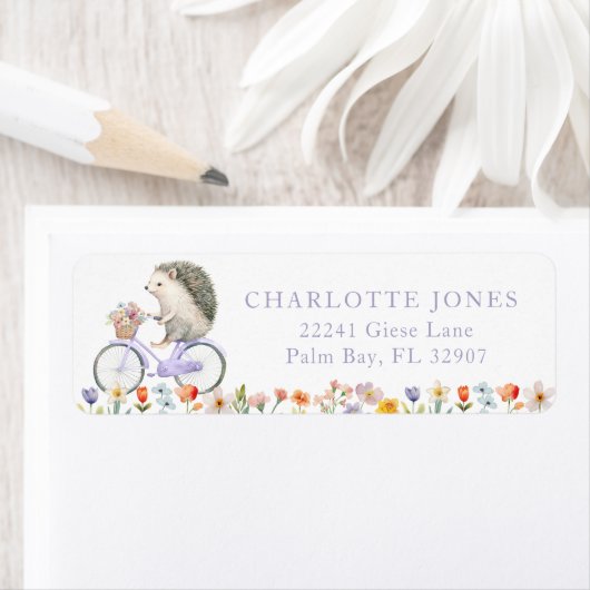 Paarse Egel Floral Baby shower Retouradres Etiket (Insitu)