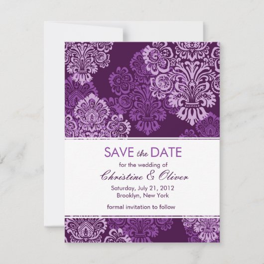 Paarse Eggplant Damask Save the Date (Voorkant)