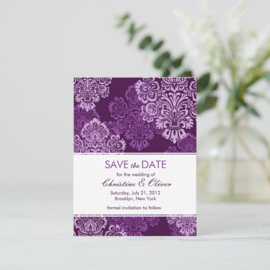 Paarse Eggplant Damask Save the Date (Staand voorkant)
