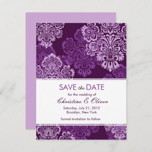 Paarse Eggplant Damask Save the Date (Voorkant / Achterkant)