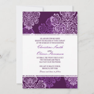 Paarse Eggplant Damask Wedding Invitation Kaart