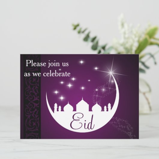 Paarse Eid Mubarak Moon Mosque Kaart (Staand voorkant)