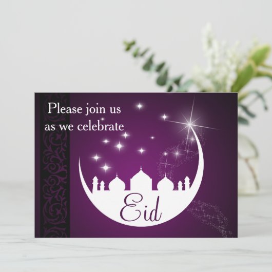 Paarse Eid Mubarak Moon Mosque Kaart (Staand voorkant)