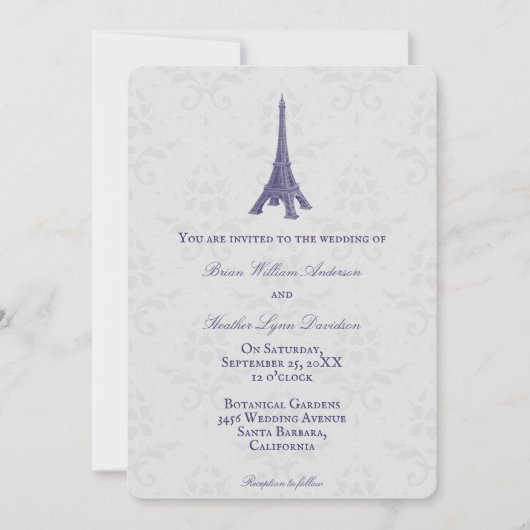 Paarse Eiffel Tower Damask Weddenschap Kaart (Voorkant)