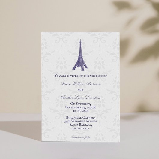 Paarse Eiffel Tower Damask Weddenschap Kaart