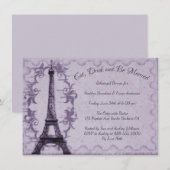 Paarse Eiffel Tower Rehearsal Dinner Invitation Kaart (Voorkant / Achterkant)