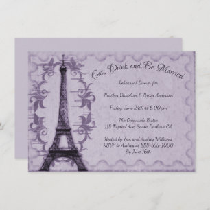 Paarse Eiffel Tower Rehearsal Dinner Invitation Kaart