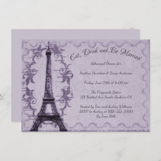 Paarse Eiffel Tower Rehearsal Dinner Invitation Kaart (Voorkant / Achterkant)