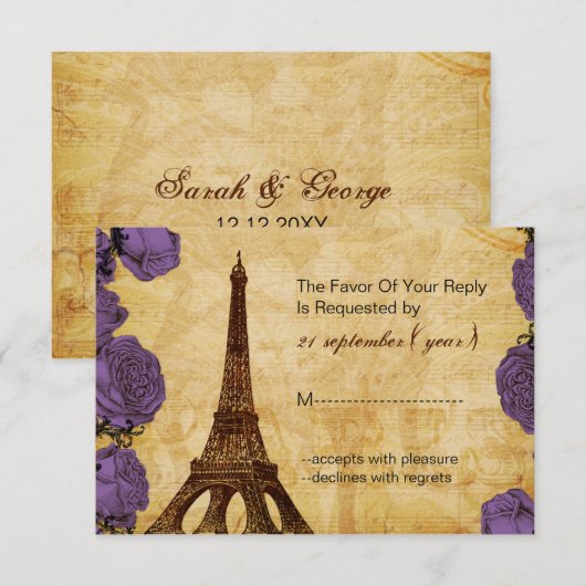 paarse  Eiffeltoren Bruiloft RSVP 3.5 x 5 Kaartje (Voorkant / Achterkant)