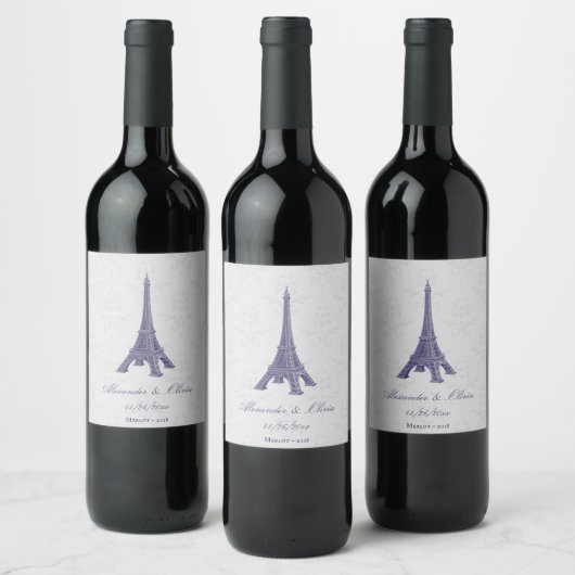 Paarse Eiffeltoren Damask Weddenschap Wine Label Wijn Etiket (Flessen)
