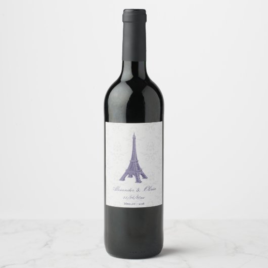 Paarse Eiffeltoren Damask Weddenschap Wine Label Wijn Etiket (Voorkant)