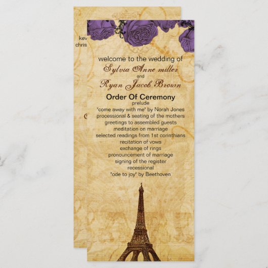 paarse  eiffeltoren Paris bruiloft programma Programmakaart (Voorkant / Achterkant)