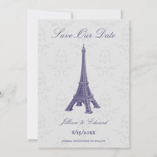 Paarse Eiffeltower Damask slaat de datum op Aankondiging (Voorkant)