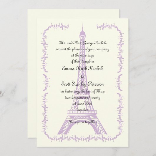 Paarse Eiffeltower voor het huwelijk van Parijs Kaart (Voorkant / Achterkant)