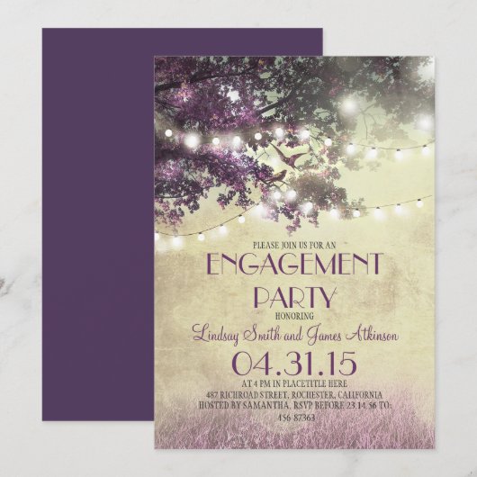 Paarse eikenboom lichten liefde vogels verlovingsf kaart (Voorkant / Achterkant)