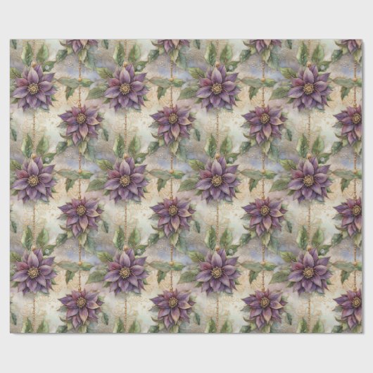 Paarse Elegance Luxe Poinsettia & Holly Christmas Cadeaupapier (Vlak)