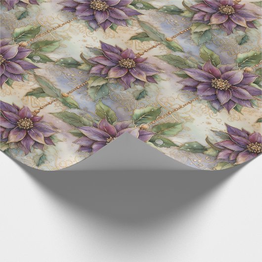 Paarse Elegance Luxe Poinsettia & Holly Christmas Cadeaupapier (Hoek)