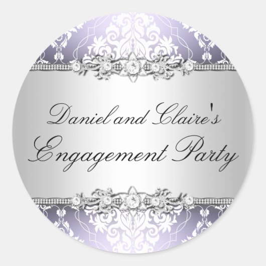 Paarse Elegant Damask Engagement Party Sticker (Voorkant)