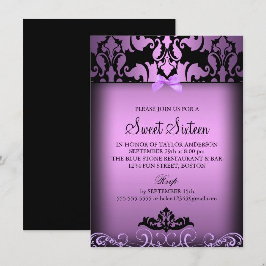 Paarse Elegant Damask Sweet Sixteen Party Nodig ui Kaart (Voorkant / Achterkant)