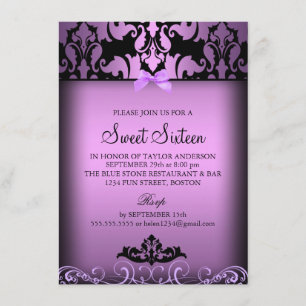 Paarse Elegant Damask Sweet Sixteen Party Nodig ui Kaart