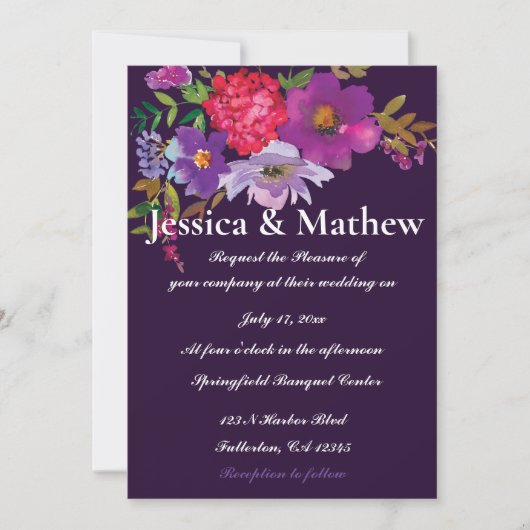 Paarse Elegant Flower Floral Wedding Invitation Kaart (Voorkant)