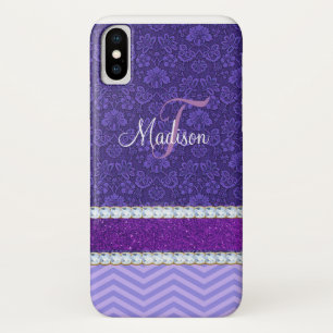 Paarse Elegant Glitter Bling Damask Name Case-Mate iPhone Case